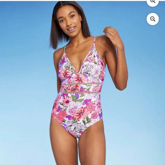 Kona Sol Womens Swim Ladder Trim Medium Coverage One Piece Swimsuit Floral - Picture 2 of 10